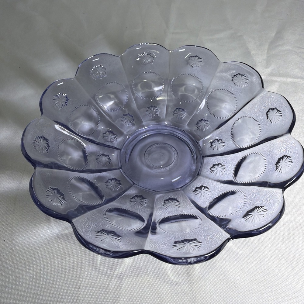 Fenton Art Glass Salem Blue Priscilla Moon Star Bowl Scalloped Rim MCM Style VTG